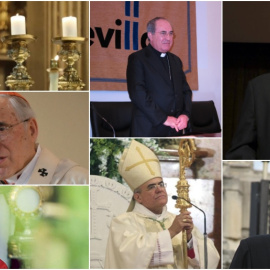 De izquierda a derecha, el obispo de San Sebastián, José Ignacio Munilla, el arzobispo de Sevilla, Juan José Asenjo, el obispo de Alcalá de Henares, Juan Antonio Reig Pla, el cardenal Antonio Rouco Varela, el arzobispo de Valencia Antonio Cañizares, 