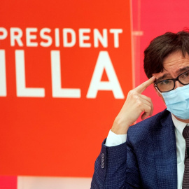 El candidato del PSC a la presidencia de la Generalitat, Salvador Illa, durante un acto electoral.