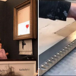 La obra de Banksy destruida tras ser subastada en Sotheby's y la trituradora de papel que introdujo el artista en el marco. / INSTAGRAM