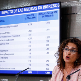 La ministra de Hacienda María Jesús Montero, durante la rueda de prensa posterior al consejo de ministros extraordinario que ha aprobado el plan presupuestario de 2019 para su envío a la Comisión Europea. EFE/Emilio Naranjo