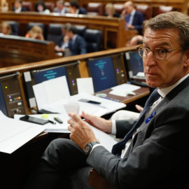 12/07/2022.- El presidente del PP, Alberto Núñez Feijóo, durante el debate sobre el estado de la nación que comienza este martes en el Congreso. EFE/ Mariscal