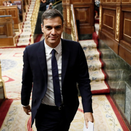 El presidente del Gobierno, Pedro Sánchez, tras asistir a la sesión de control al Ejecutivo en el Congreso de los Diputados. EFE/Mariscal