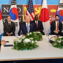 Reunión en Madrid entre Joe Biden, presidente de EEUU, su homólogo de Corea del Sur, Yoon Suk-yeol, y el primer ministro de Japón, Fumio Kishida, a 29 de junio de 2022.