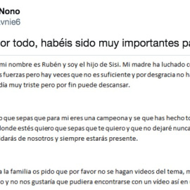El hijo de la 'gamer' Sisi Nono ha difundido en Twitter la noticia del fallecimiento de su madre.