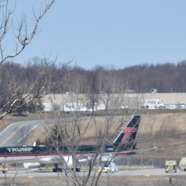 Fotografía de un avión del expresidente estadounidense Donald Trump hoy, en el aeropuerto de Stewart, Nueva York (EE.UU.). El Boeing 757 con el que el expresidente Donald Trump hizo campaña durante las elecciones de 2016 y que era apodado el “Trump F