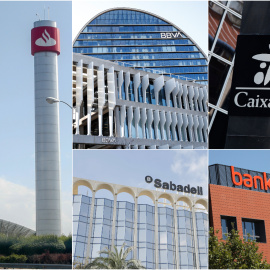 Los logos de los cinco grandes bancos (Santander, BBVA, Caixabank, Sabadell, Bankinter), en sus respectivas sedes.