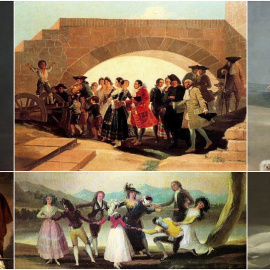 De izq a dcha, 'La Tirana', ‘La Boda’, ‘Retrato de la Duquesa de Alba’, ‘Las majas en el balcón’, ‘La gallina ciega’ y ‘La maja vestida’, obras de Goya.