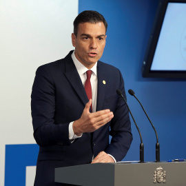 El presidente del Gobierno español, Pedro Sánchez, durante la rueda de prensa en Bruselas tras la reunión del Consejo Europeo. EFE/ Horst Wagner