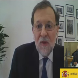 L'expresident del govern espanyol i del PP Mariano Rajoy durant la declaració per videoconferència com a testimoni en el judici de la caixa B, el 24 de març de 2021.