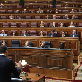 El presidente del Gobierno, Pedro Sánchez, se dirige al presidente del partido popular, Pablo Casado, durante su intervención en la sesión de control al Ejecutivo. /EFE