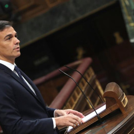El presidente del Gobierno, Pedro Sánchez, durante su intervención ante el pleno del Congreso de los Diputados, celebrado este miércoles. EFE/Zipi