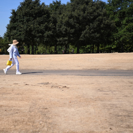 11/08/2022 Una mujer camina por un Hyde Park inusualmente reseco en Londres, Reino Unido, este miércoles. Es probable que el Reino Unido sufra condiciones de sequía hasta octubre a medida que continúa el clima seco. La Oficina Meteorológica del Reino 