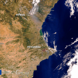 18/8/22 Imagen del satélite Sentinel-3 con el humo de los incendios de Bejís y Vall d'Ebo.