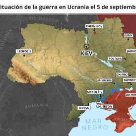 Mapa con la situación de la guerra en Ucrania el 5 de septiembre.