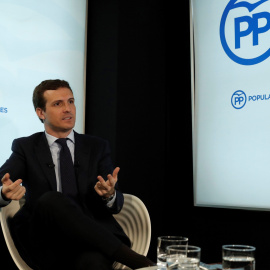 El presidente del PP, Pablo Casado,  durante su entrevista con con la agencia Efe. EFE/ Ballesteros