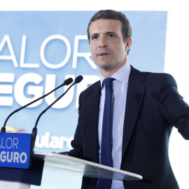 El presidente del PP, Pablo Casado, durante la presentación en Barcelona del programa de su partido para las próximas elecciones generales. EFE/Andreu Dalmau