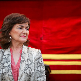 La vicepresidenta del Gobierno, Carmen Calvo, interviene en el acto de reparación a siete académicos de la Real Academia de Ciencias Exactas, Físicas y Naturales, represaliados durante la Guerra Civil y la dictadura. EFE/Emilio Naranjo