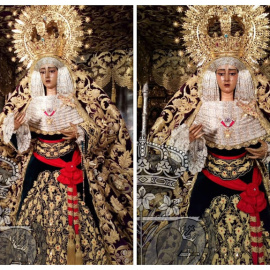 Detalle del fajín del dictador Franco colocado en la imagen de la Virgen de los Baratillos. GENTE DE PAZ