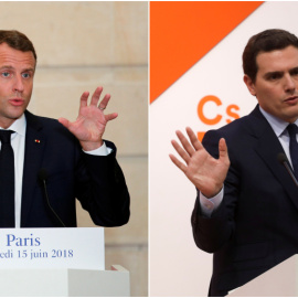 El presidente de Francia, Emmanuel Macron, en una intervención en el Palacio del Eliseo, y el presidente de Ciudadanos, Albert ivera, en una comparecencia en la sede del partido en Madrid. REUTERS