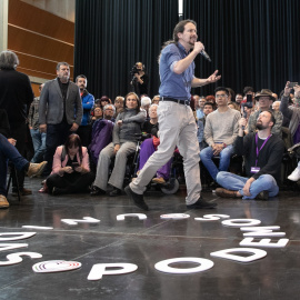 El candidato de Unidas Podemos a la Presidencia del Gobierno, Pablo Iglesias, durante su participación en Zaragoza en un 'Encuentro con la gente'. EFE/Javier Cebollada