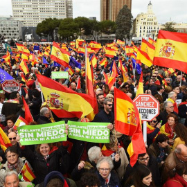 Cientos de personas participan en la concentración convocada por el PP, Ciudadanos y Vox en la plaza de Colón de Madrid. EFE/Fernando Villar