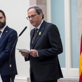 El president de la Generalitat, Quim Torra, i el del Parlament, Roger Torrent, en la compareixença conjunt per valorar les acusacions de la Fiscalia i l'Advocacia de l'Estat. EFE / Quique García.