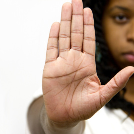 Stop Gesture Of Woman Hand  Sign Serious Facial Expresion