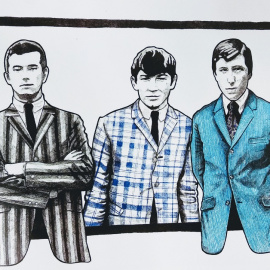 Ilustración de Tete Navarro en la que se puede ver a Eric Clapton, Eric Burdon y Chris Farlowe vestidos con indumentaria mod