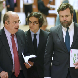 El diputado de Vox, Ignacio Gil Lázaro; el diputado de Vox por Asturias, José María Figaredo y el portavoz de Vox en el Congreso, Iván Espinosa de los Monteros, en el Congreso, a 7 de junio de 2022.