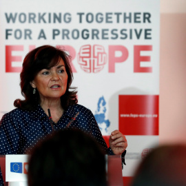 La secretaria de Igualdad del PSOE y vicepresidenta del Gobierno, Carmen Calvo, durante su intervención en la convención del Partido Socialista Europeo (PES) que tiene lugar en el Museo Reina Sofía de Madrid. EFE/J.J. Guillén