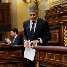 21/02/2019.- El ministro del Interior, Fernando Grande-Marlaska, tras su intervención en el pleno del Congreso, que debate este jueves la Ley de Propiedad Intelectual, en su último trámite parlamentario que incorpora las enmiendas del Senado. EFE/Zipi
