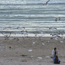  Gaviotas y dos personas después de la celebración de las hogueras de la noche de San Juan, en la playa de Orzán, a 24 de junio de 2022, en A Coruña, Galicia (España).- EUROPA PRESS