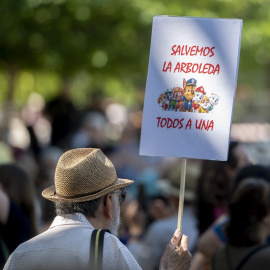  Un hombre porta una pancarta que reza 'Salvemos la arboleda, todos a una' durante una manifestación a favor de la vegetación urbana y contra la destrucción de parques y la tala de árboles, en el Parque de Arganzuela, a 6 de mayo de 2023, en Madrid (E