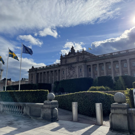 Banderas de Suecia frente a la sede del Parlamento sueco