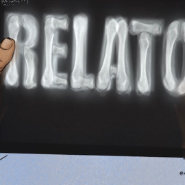 Ilustración de dos manos sosteniendo la palabra "relato". - Verónica Montón Alegre