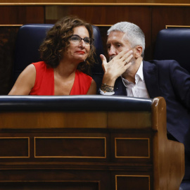 El ministro del Interior, Fernando Grande-Marlaska (d) conversa con la ministra de Hacienda, María Jesús Montero (i) durante la sesión de control al gobierno celebrada este miércoles en el Congreso