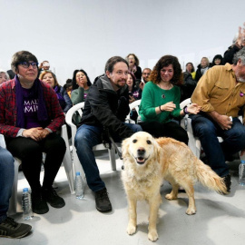 El candidato de Unidas Podemos a la presidencia del Gobierno, Pablo Iglesias, en un acto contra el maltrato animal, en Madrid, con su perra Leona. DANI GAGO/PODEMOS