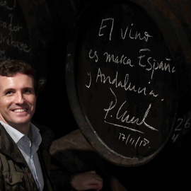 El presidente del PP, Pablo Casado, durante la visita a la bodega Lagar Blanco, entre las sierras de Montilla y Castro del Río, en Córdoba. EFE/ Rafa Alcaide