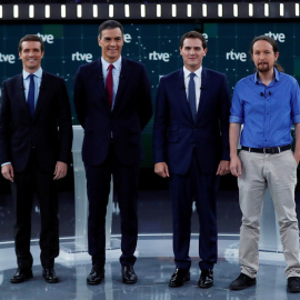 Pablo Casado, Pedro Sánchez, Albert Rivera y Pablo Iglesias en el debate a cuatro en RTVE. /REUTERS