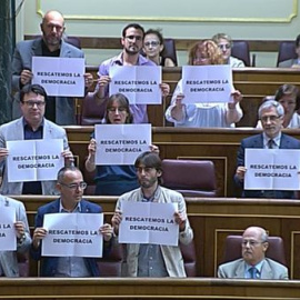 Izquierda Plural pide con carteles en el Congreso un rescate a la democracia
