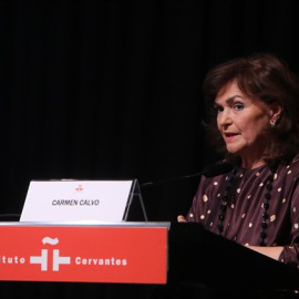 La vicepresidenta del Gobierno, Carmen Calvo, durante el acto de homenaje a Nicolás Sánchez-Albornoz.- EP