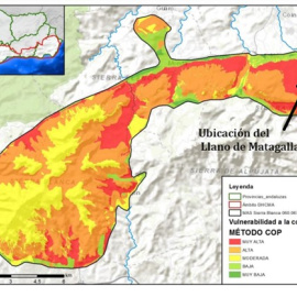 Ubicación del Llano de Matagallar en el mapa de vulnerabilidad de la masa de agua subterránea de Sierra Blanca. Adaptado del Plan Hidrológico de las Cuencas Mediterráneas 2022-2027