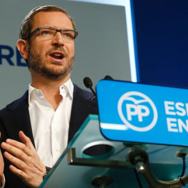 El vicesecretario de sectorial del PP, Javier Maroto. en una comparecencia en la sede nacional del PP,en la madrileña calle de Génova. EFE / J.P.Gandul