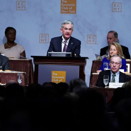 El presidente de la Reserva Federal, Jerome Powell, durante su intervención en el Economic Club de Nueva York. REUTERS/Carlo Allegri