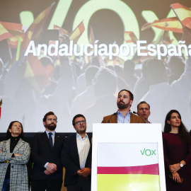 El lídere de Vox, Santiago Abascal, durante una reuda de prensa en la sede del partido en Sevilla, un día después de las elecciones al Parlamento de Andalucía del 2-D. REUTERS/Jon Nazca