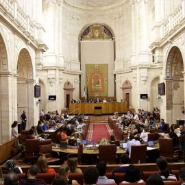 El Pleno del Parlamento, durante la lectura de una Declaración Institucional de apoyo al periódico El Correo de Andalucía y sus trabajadores