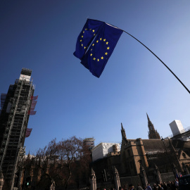 EU flags are seen outside of the Houses of Parliament in London