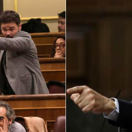 Gabriel Rufián (ERC) y Rafael Hernando, en dos momentos de tensión en el Congreso. (REUTERS | EFE)