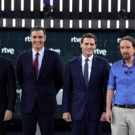 Los principales candidatos a la Presidencia del Gobierno en las elecciones generales, Pablo Casado (PP), Pedro Sánchez (PSOE), Albert Rivera (Cs) y Pablo Iglesias (Unidas Podemos). -EFE