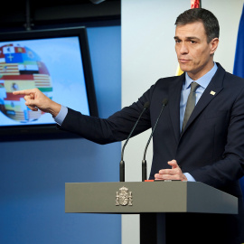 El presidente del Gobierno español, Pedro Sánchez, durante su comparecencia ante los periodistas tras la reunión del Consejo Europeo que avaló el acuerdo entre la Unión Europea y el Reino Unido para hacer efectivo el brexit.- Horst Wagner/EFE